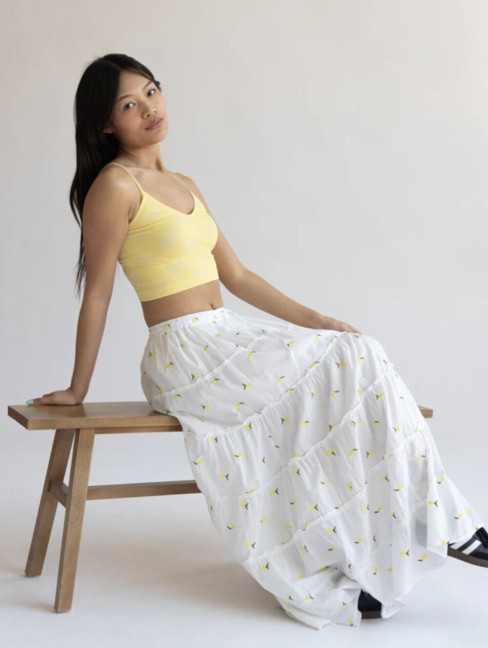 White Tiered Maxi Skirt with Yellow Lemon Print All Over Boho Festival Summer M